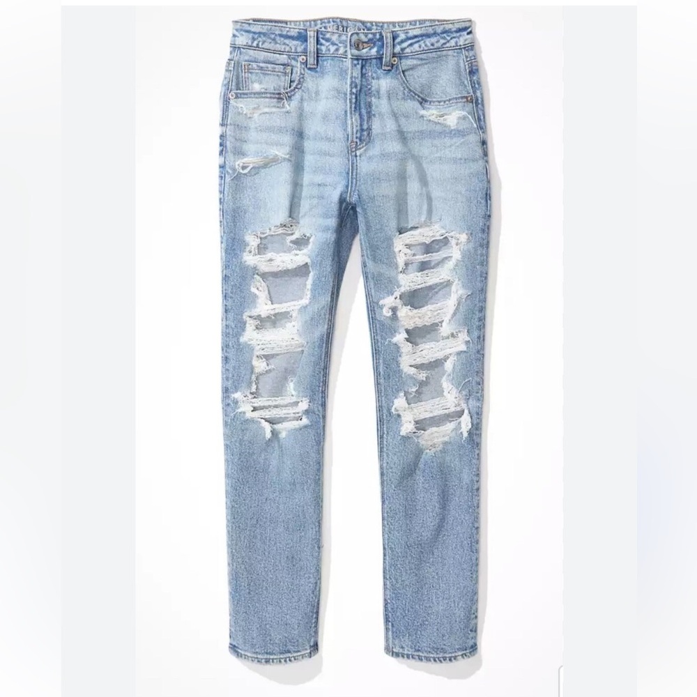 American Eagle Mom Jean Distressed Ripped Raw Hem Stretch Jeans Size 8 Long